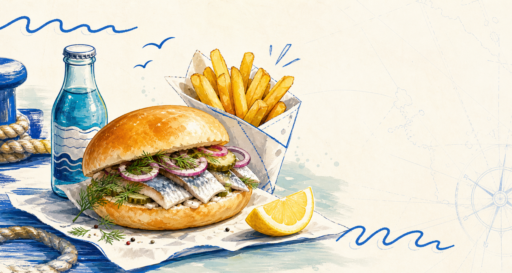 Illustration eines Fischbroetchens mit Pommes und Getraenk